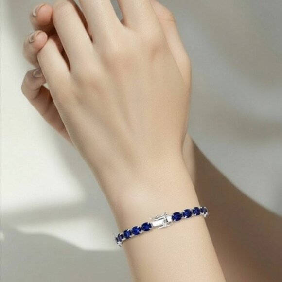 Natural Blue Sapphire 925 Sterling Silver Tennis Bracelet 7" - Picture 7 of 13